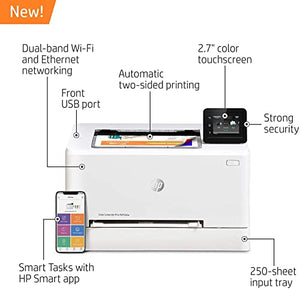 HP Color Laserjet Pro M255dw Wireless Laser Printer-Remote Mobile Print, Auto 2-Sided Printing，22 ppm, 250-Sheet，Compatible with Alexa, White-Bundle with Ahaghug Printer Cable.