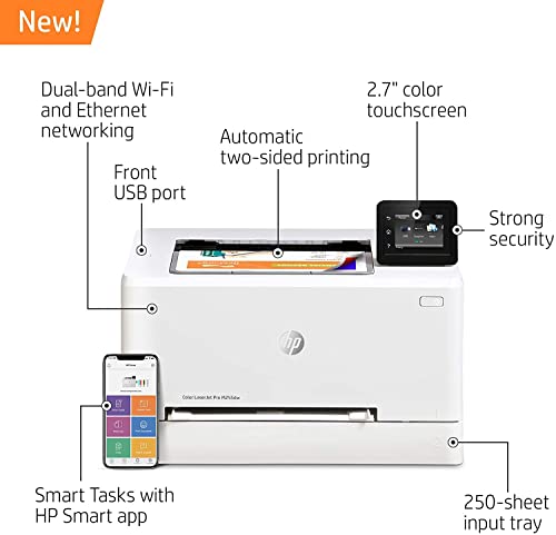 HP Color Laserjet Pro M255dw Wireless Laser Printer-Remote Mobile Print, Auto 2-Sided Printing，22 ppm, 250-Sheet，Compatible with Alexa, White-Bundle with Ahaghug Printer Cable.