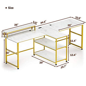 Houssem 94.5’’ Two Person Desk with Monitor Stand, Double Computer Desk with Storage Shelves, Extra Long Workstation Desk with Power Strip for Home Office Study Room Bedroom