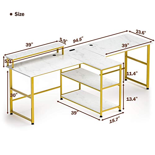 Houssem 94.5’’ Two Person Desk with Monitor Stand, Double Computer Desk with Storage Shelves, Extra Long Workstation Desk with Power Strip for Home Office Study Room Bedroom