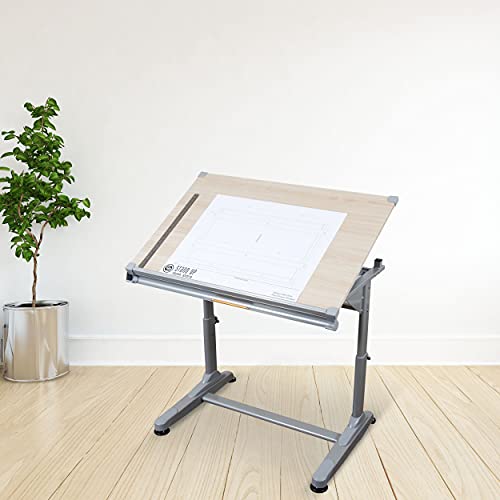 S Stand Up Desk Store Adjustable Height and Angle Drafting Table Drawing Desk (Silver Frame/Birch Top, 40" W X 26" D)