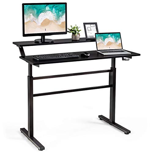 Tangkula Standing Desk, 2-Tier Height Adjustable Sit to Standing Desk, Computer Desk Workstation with Monitor Stand & Foldable Crank Handle, Ergonomic Home Office Desk (Black)