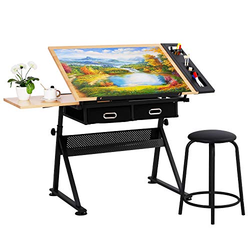 HOMFY Drafting Desk Adjustable Draft Drawing Table Tabletop Tilted Art Craft Work Station for Adults, Artists and Architecture - Wood