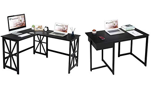 GreenForest L Shaped Desk and Computer Desk Bundle, Industrial Gaming Writing Desk Home Office Furniture Set, Black