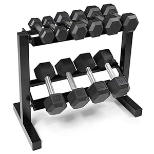 WF Athletic Supply 5-25Lb Rubber Coated Hex Dumbbell Set with Two Tier Storage Rack Non-Slip Hex Shape for Muscle Toning, Strength Building & Weight Loss, Black Rack, Straight Handle