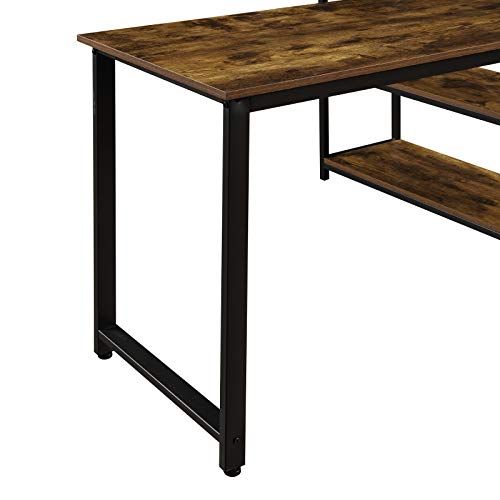 PovKeever Home Office Two Person Computer Desk with Shelves, Extra Large Double Workstations Office Desk with Storage Shelves (Brown)
