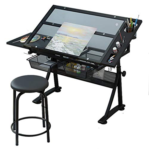 Lgan Drafting Table with Storage, Height Adjustable Tiltable Art Desk, Glass Panel Drawing Desk, for Work Study Painting Craft Table