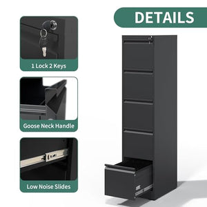 OPTYMIRA 5 Drawer Heavy Duty Large Lateral Filing Cabinet with Lock - Black