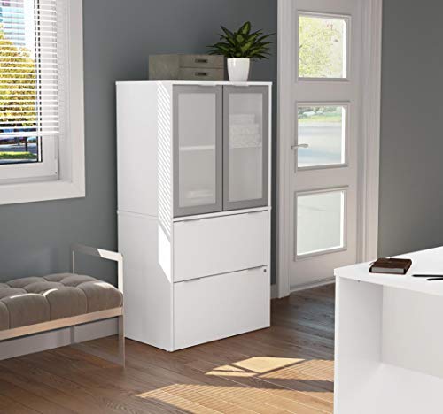 Bestar Lateral File Cabinet with Frosted Glass Doors Hutch - i3 Plus