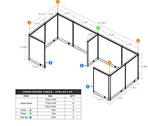 G GOF 2 Person Separate Workstation Cubicle (6'D x 14'W x 4'H) - Gray Office Partition
