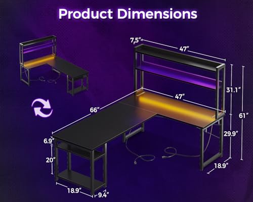 AODK L Shaped Gaming Desk with Hutch, Power Outlets, LED Strip, Monitor Stand - 66" Reversible Corner Computer Desk with Storage Shelves - Black
