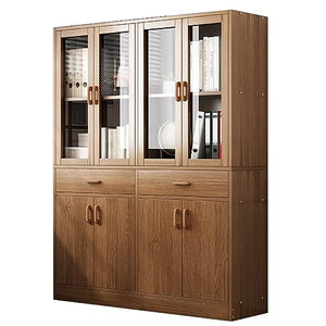 REHOOF Multifunctional Storage Cabinet with Glass Doors, 71" Tall Display Cabinet, Brown, 4 Tier Bookcase