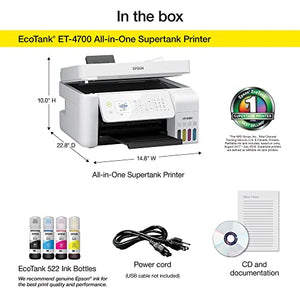 Epson EcoTank ET-4699 Wireless Color Inkjet All-In-One Supertank Printer for Home- Print Copy Scan Fax - 10.0 ppm, 5760 x 1440 dpi, 8.5" x 14", 1.44" Color LCD, Voice Activated, 30-sheet ADF, Ethernet