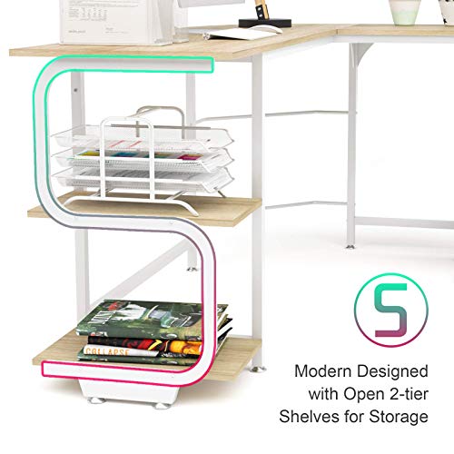 Teraves Computer Desk with 5 Tier Shelves & Reversible L Shaped Desk with Shelves Round Corner Computer Desk Gaming Table Workstation for Home Office