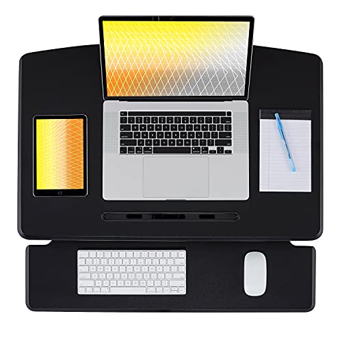 Seville Classics airLIFT Workstation Ergonomic Dual Monitor Riser with Keyboard Tray and Phone/Tablet Holder, Compact (30"), Black/Black