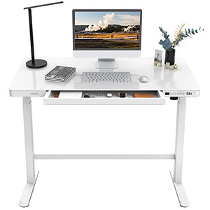 Flexispot Electric Height Adjustable Standing Desk with Drawer 48 x 24 Inch Tempered Glass White Desktop & Frame Home Office Computer Workstation (2.4A USB Charge Ports, Memory Controller, Child Lock)