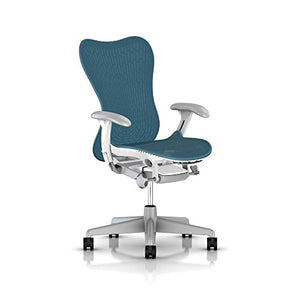 Herman Miller Mirra 2 Office Chair Tilt Limiter - Adjustable Arms and Seat - Dark Turquoise Butterfly Suspension Latitude Back with Studio White Frame Fog Base - Adjustable Lumbar Support - C7 Hard Floor Casters