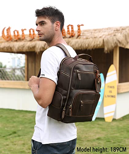 Lannsyne Men's Vintage Full Grain Leather 15.6 Inch Laptop Backpack Camping Travel 24L Rucksack