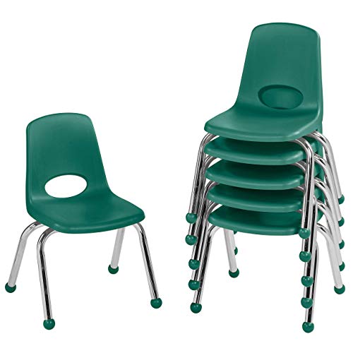 FDP 12" School Stack Chair, Stacking Student Seat with Chromed Steel Legs and Ball Glides; for in-Home Learning or Classroom - Green (6-Pack), 10359-GN