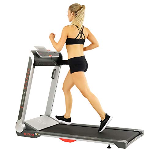 Sunny Health & Fitness No Assembly Motorized Folding Running Treadmill, 20" Wide Belt, Flat Folding & Low Profile for Portability with Speakers for USB and AUX Audio Connection - Strider, SF-T7718