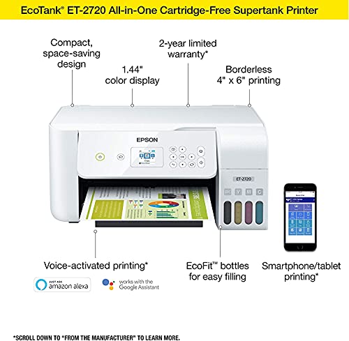 Epson EcoTank ET 2720 Series All-in-One Supertank Inkjet Printer for Cartridge-Free Home Printing, Wireless, Scan, Print, Copy - U Deal