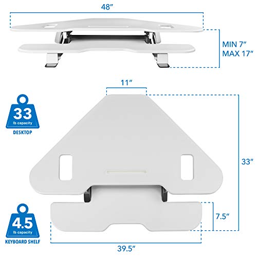 Mount-It! White Corner Standing Desk Converter | Height Adjustable 48” Wide Desktop | Corner Stand Up Desk with Gas Spring Handle | Stand Up Computer Workstation with Ergonomic Keyboard Tray | White