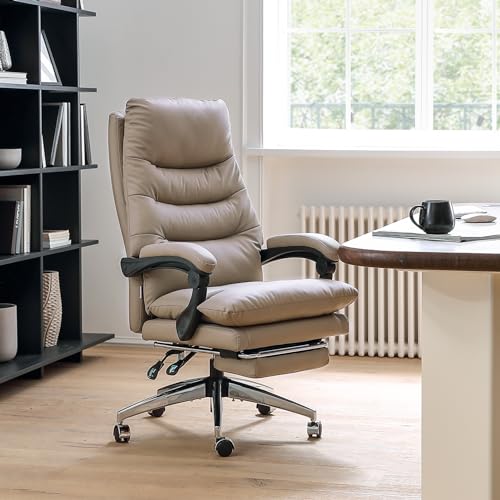 SOFTREST Ergonomic Executive Office Chair with Foot Rest - High Back, Reclining, Pu-Leather, Khaki