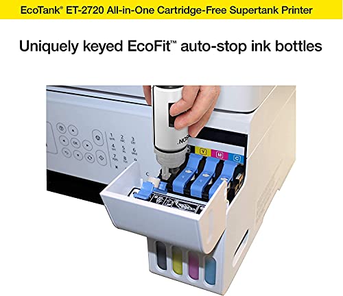 Epson EcoTank ET-2720 Wireless Color Inkjet All-in-One Supertank Printer for Home Office, White - Print Scan Copy - Voice Activated, 10.5 ppm, 5760 x 1440 dpi, 1.44" LCD, Ethernet, Borderless Print