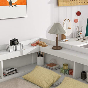 HomSof Full-L White Bed with L-Shaped Bookcases and Drawers