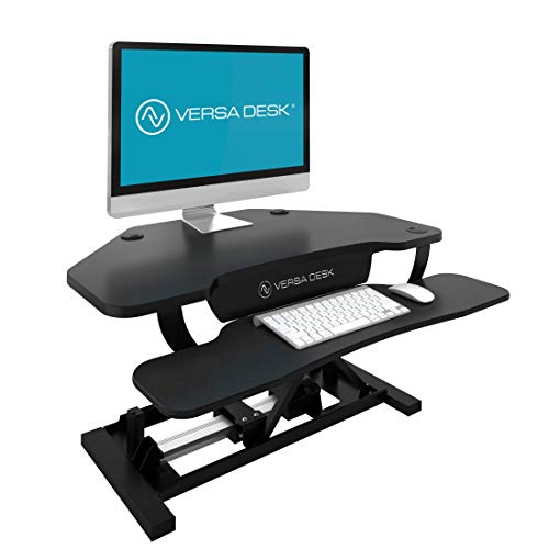 VersaDesk USA Manufactured | Power Pro Corner - 36" Electric Height-Adjustable Standing Desk Riser | Sit to Stand Desktop with Keyboard and Mouse Tray + USB Charging Port | All Black