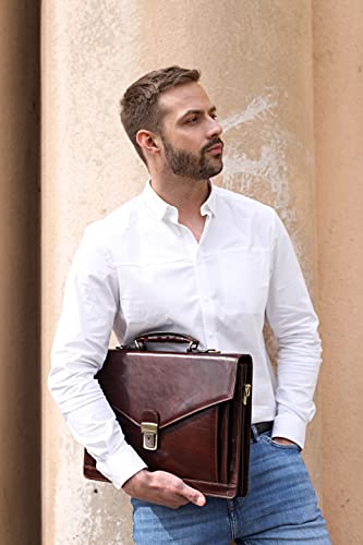 Leather Briefcase for Men Handmade Italian Laptop Bag Classy Brown Attache Case - Time Resistance