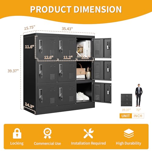 VIYET Employee Storage Locker, 9-Door Metal Locker with Card Slot - Black
