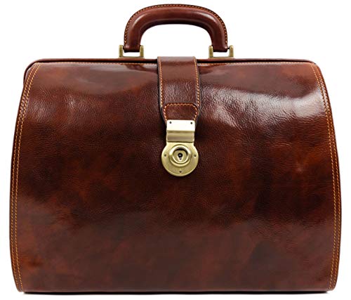 Leather Doctor Bag Purse Medical Handbag Vintage Brown Key Lock Briefcase - Time Resistance