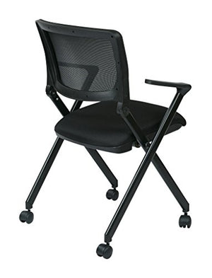 Office Star Breathable Flexible Mesh Back Folding Nesting Chair with Padded Fabric Seat and Casters, 2-Pack, Black with Black Frame