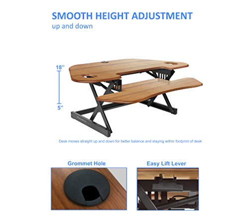 Rocelco 46" Height Adjustable Corner Standing Desk Converter with Dual Monitor Arm BUNDLE - Sit Stand Up Computer Workstation Riser - Extra Large Keyboard Tray - Teak Wood Grain (R CADRT-46-DM2)