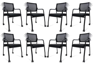 KLASIKA Adjustable Mesh Backrest Waiting Room Chairs with Wheels, Ergonomic Lumbar Support, 8 Pack Black