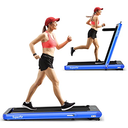GYMAX Under Desk Folding Treadmill, 4.75HP 2 in 1 Running Walking Machine with Heart Rate Control, APP Control, LED Touch Screen, Bluetooth Speaker and Remote, Luxury Treadmill for Home/Gym (Navy)