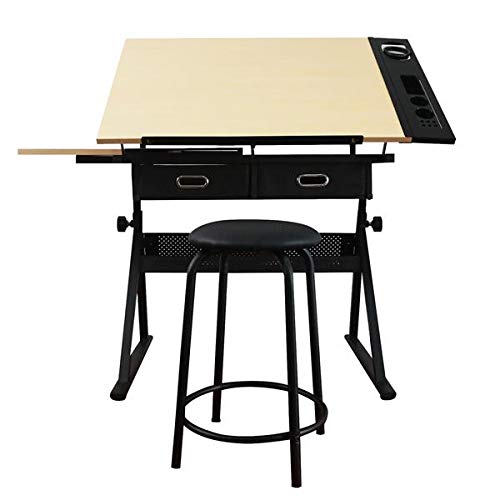 BRLUCKY home Height Adjustable Drawing Table with Storage Drawers and Stool Yellow AA