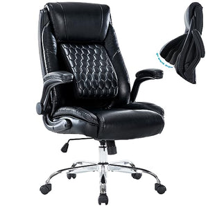 HESL Executive Office Chair with Adjustable Back Support, Ergonomic Design, Flip up Arms, Wheels, Faux Leather High Back - Black