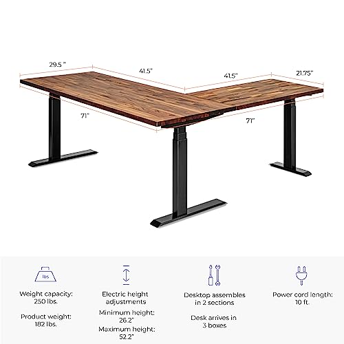 S Stand Up Desk Store Triple Motor Electric L-Shaped Corner Standing Desk (Black Frame/Solid Walnut Top, 71" W x 71" D)