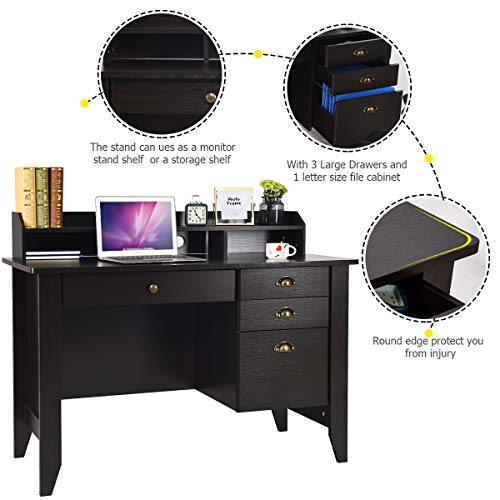 Computer Desk with Drawers and Hutch, Wood Office Desk Teens Student Desk Study Table Writing Desk for Bedroom Small Spaces Furniture with Storage Shelves, Espresso Brown
