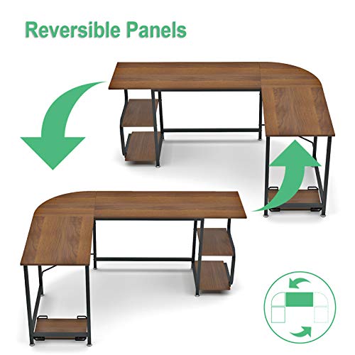 Teraves Reversible L Shaped Desk with Shelves Round Corner Computer Desk Gaming Table Workstation for Home Office