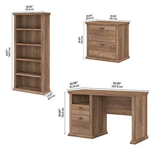 Bush Furniture Yorktown Home Office Desk with Lateral File Cabinet and 5 Shelf Bookcase, 50W, Reclaimed Pine