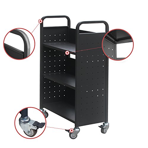 H&A Heavy Duty Book Cart with Wheels, Rolling Library Bookcase, 3 Shelves, Black