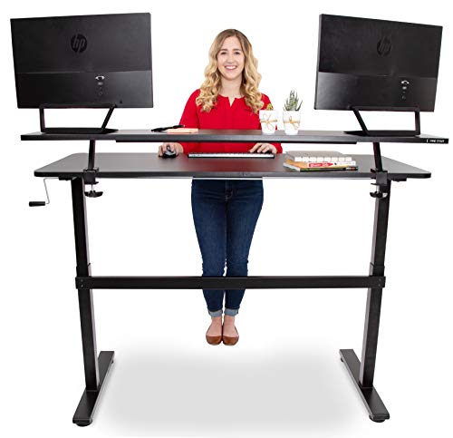 Stand Steady Tranzendesk 55 in Standing Desk with Clamp On Shelf | Crank Height Adjustable Stand Up Workstation with Attachable Monitor Riser | Holds 3 Monitors & Adds Desk Space (55 in/Black)