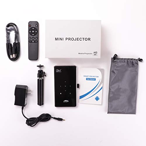 HD 4K Mini Projector, Ultra-Portable Outdoor/Indoor DLP Screen, Smart Pocket Projector with Bluetooth 4.0/HDMI/WiFi/USB Compatibility, Built-in Battery, Home Movie Entertainment System