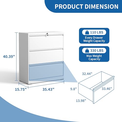 Yukimo Metal Lateral File Cabinet with Lock, 3 Drawer Storage, White