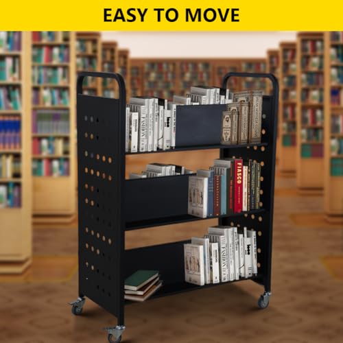 MERXENG Library Book Cart, 200LBS Capacity, 35x18x49 Rolling Cart with Lockable Wheels