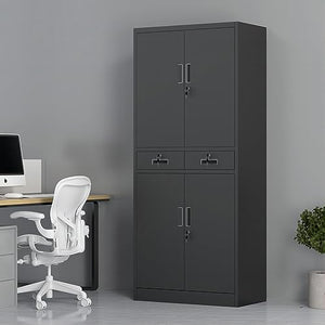 JINGUR Metal Storage Cabinet with Locking Doors, 2 Drawers & Adjustable Shelves (Black)