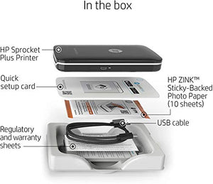 HP Sprocket Plus Instant Photo Printer (Black) Prints on 2.3x3.4” Zink Sticky Back Pictures Straight from Smartphone & Social Media.